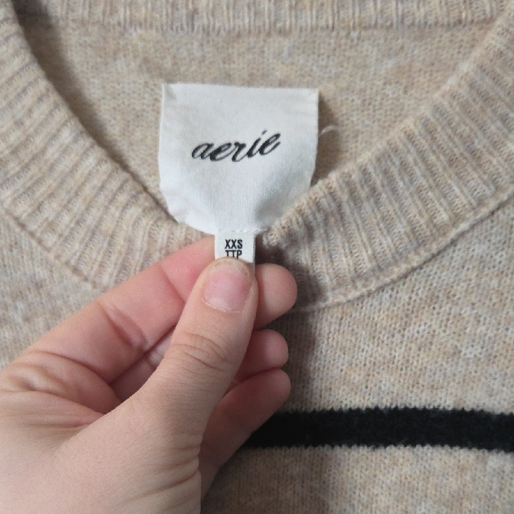 aerie Cream and Black Striped Crewneck Sweater - Picture 2 of 3
